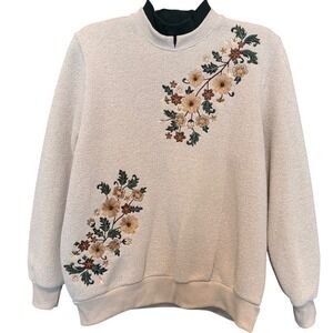 Vintage Cream Floral Embroidered Sparkle Sweatshirt SP Granny Cottagecore Retro